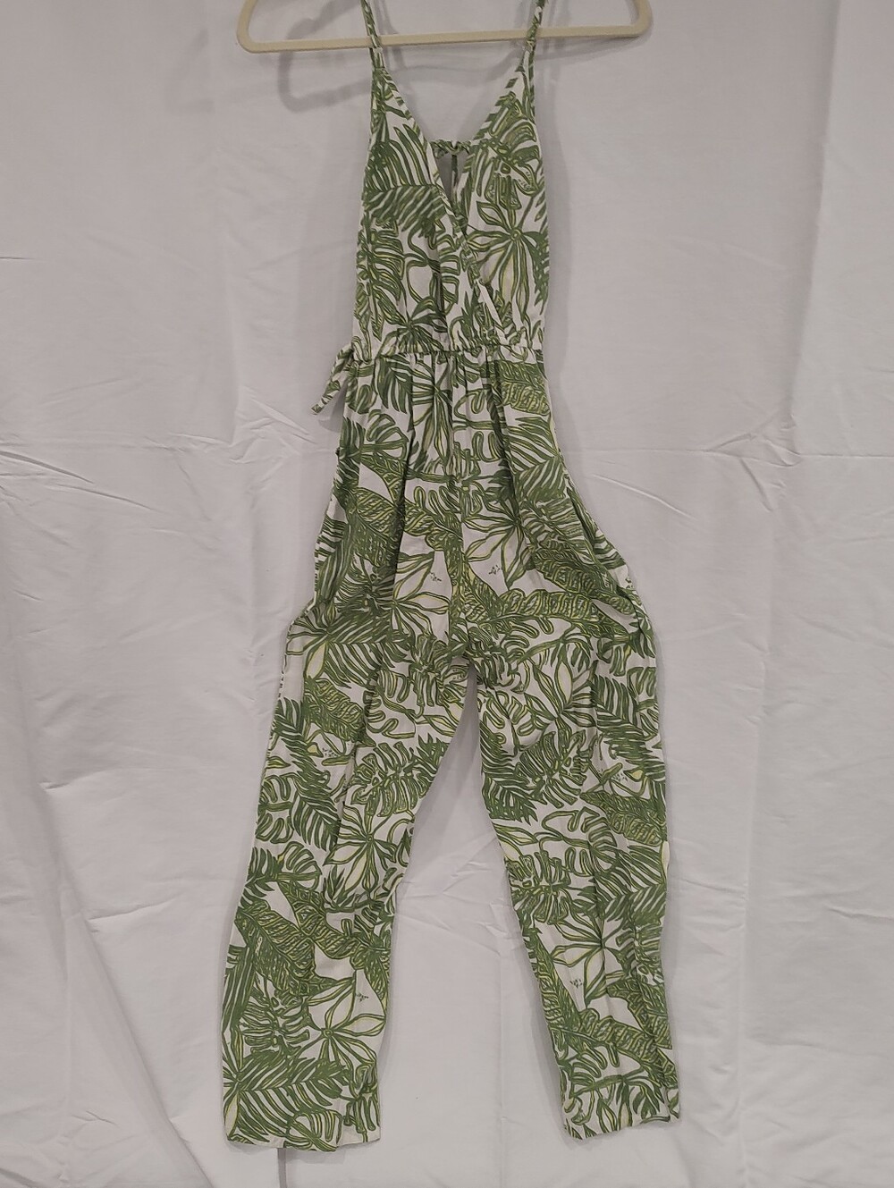 Sincerely Jules Small Cotton/Linen Green Leaf-Print Women's Jumpsuit